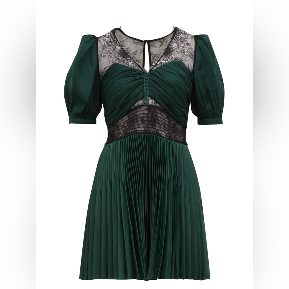 self portrait lace trimmed v neck pleated mini dress